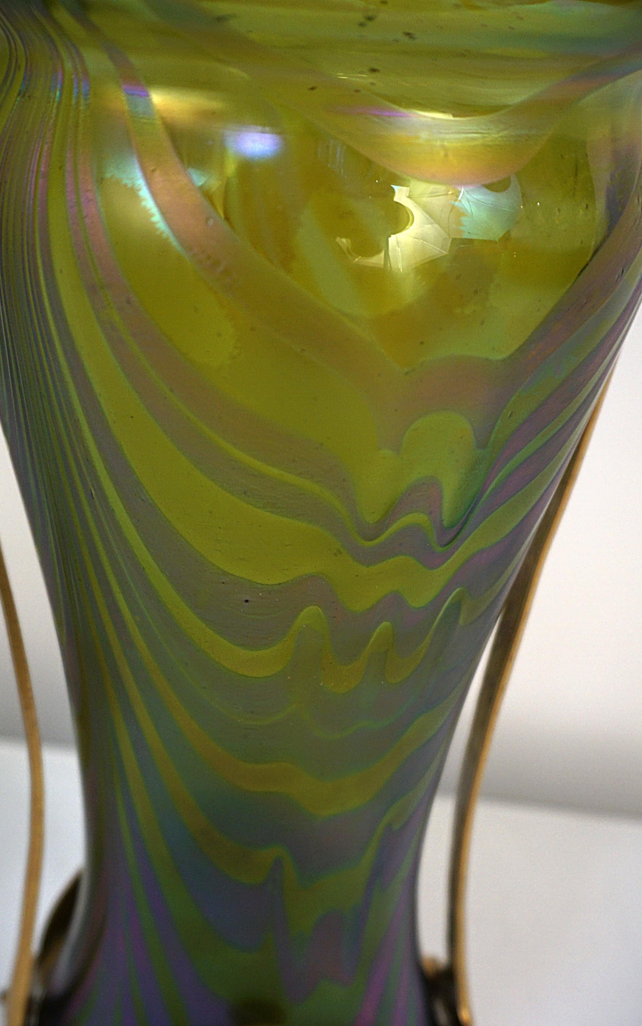 Pair of Loetz Style Iridescent Art Nouveau Glass and Dore Bronze Vases. 3