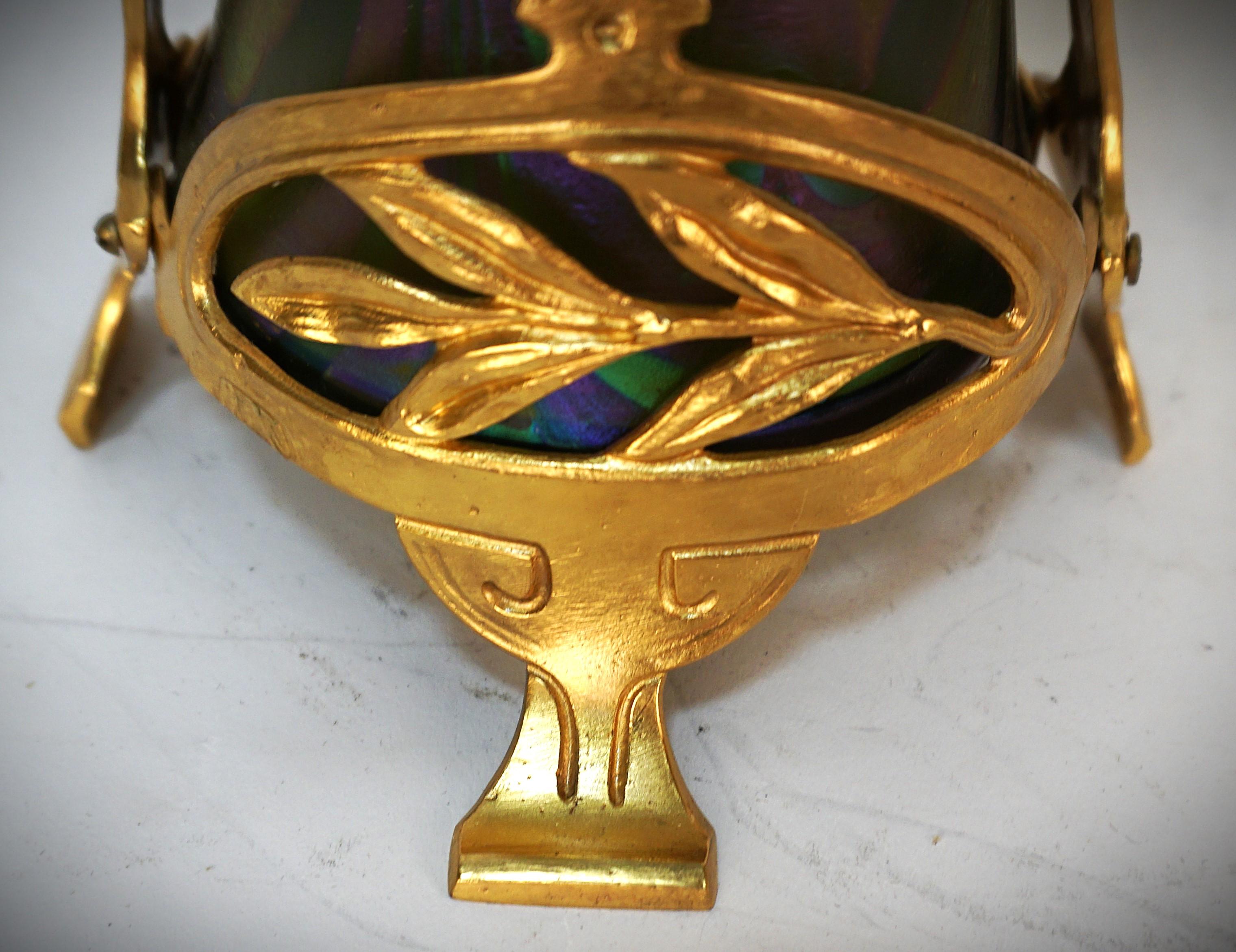Pair of Loetz Style Iridescent Art Nouveau Glass and Dore Bronze Vases. 4