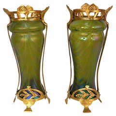 Pair of Loetz Style Iridescent Art Nouveau Glass and Dore Bronze Vases.