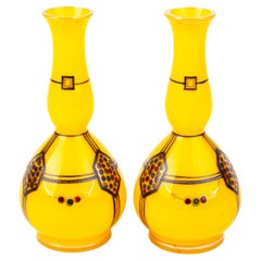 Antique Pair of Loetz Style Tango Glass Bohemian Art Nouveau Baluster Gourd Vases