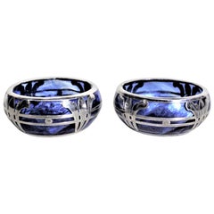 Antique Pair of Loetz Successionist Blue Art Glass Open Salt Cellars with Silver Overlay