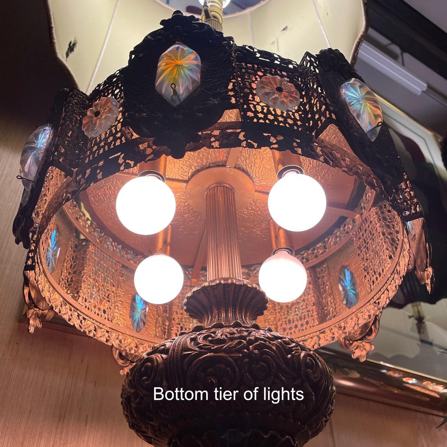 Fabric Pair of Loevsky and Loevsky Embossed Brass Metal Jeweled Hollywood Regency Lamps