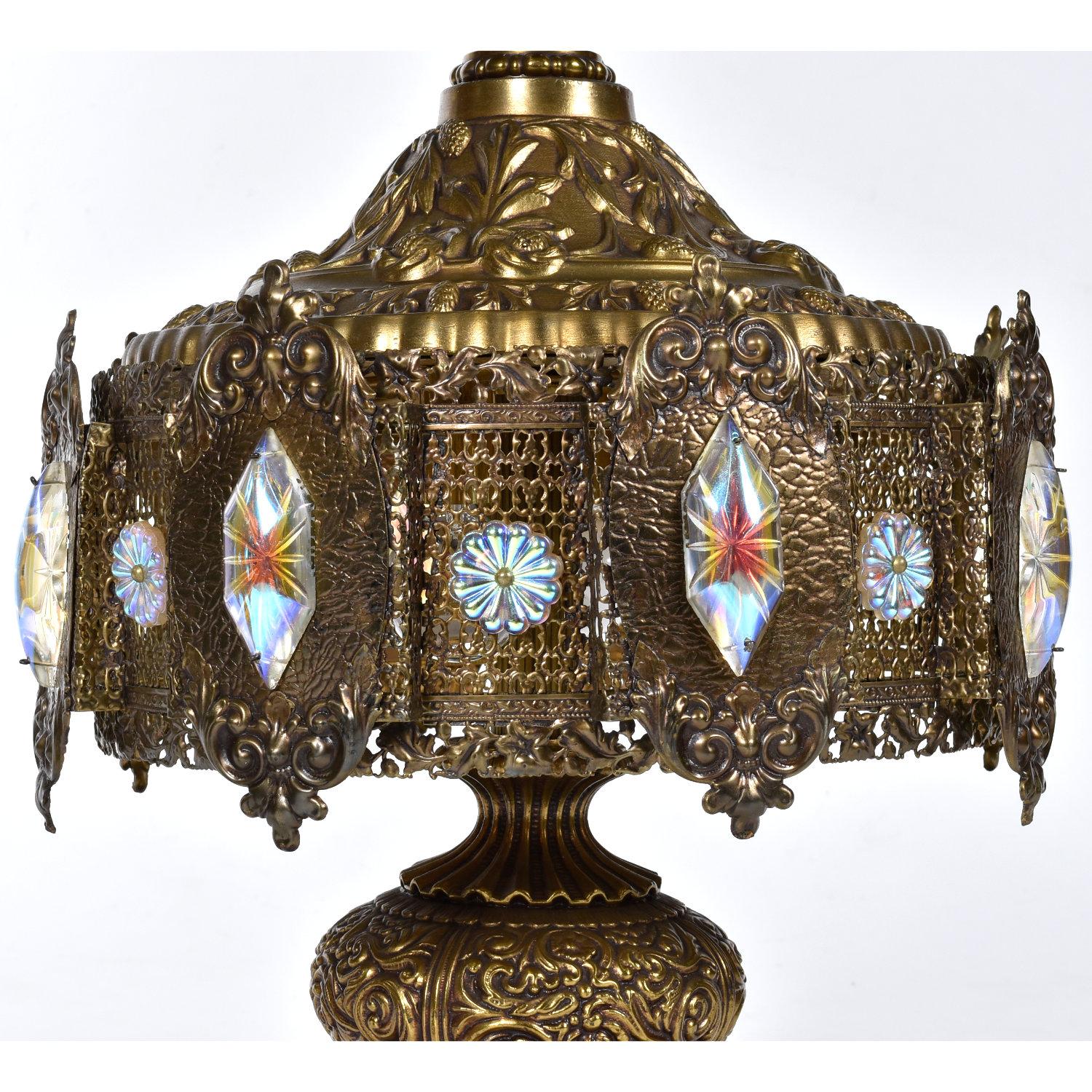Pair of Loevsky and Loevsky Embossed Brass Metal Jeweled Hollywood Regency Lamps 1