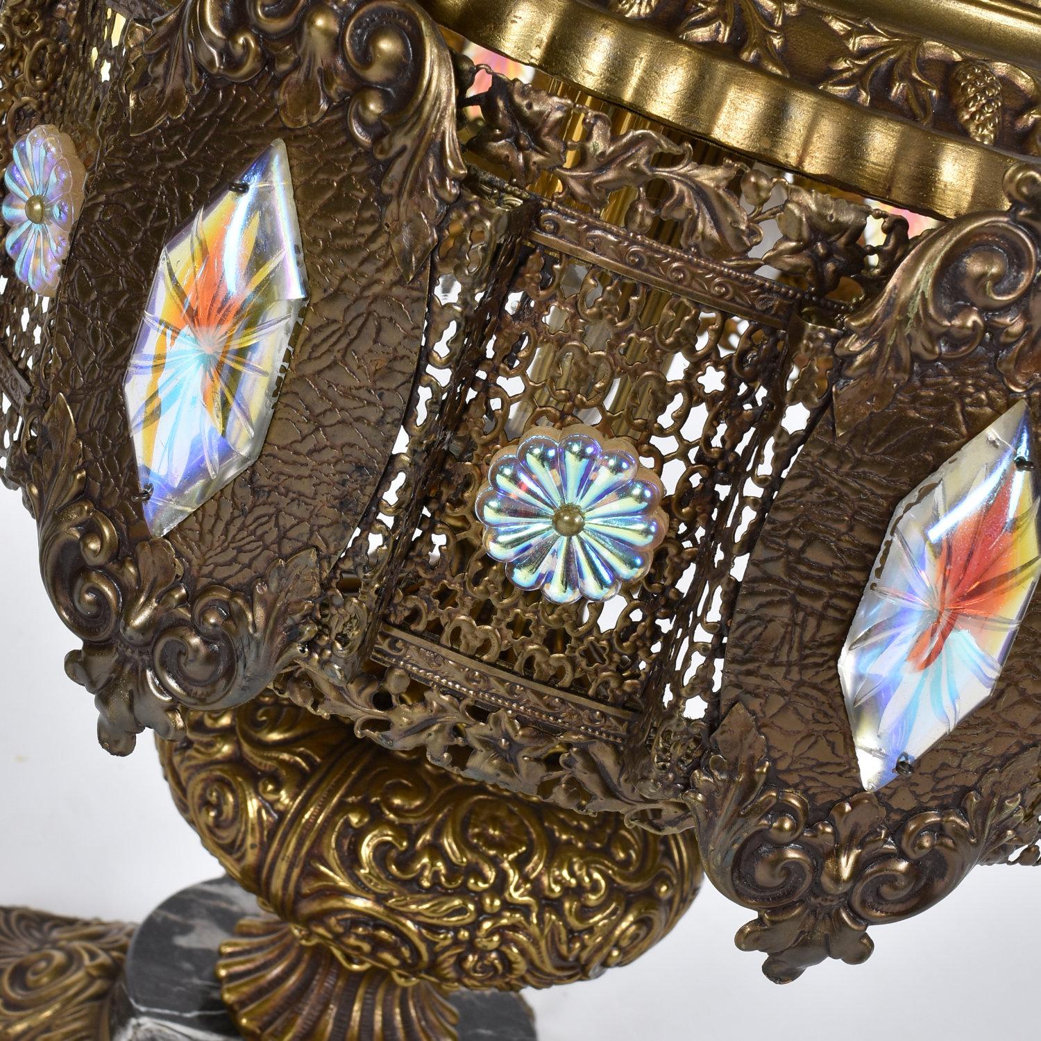 Pair of Loevsky and Loevsky Embossed Brass Metal Jeweled Hollywood Regency Lamps 3
