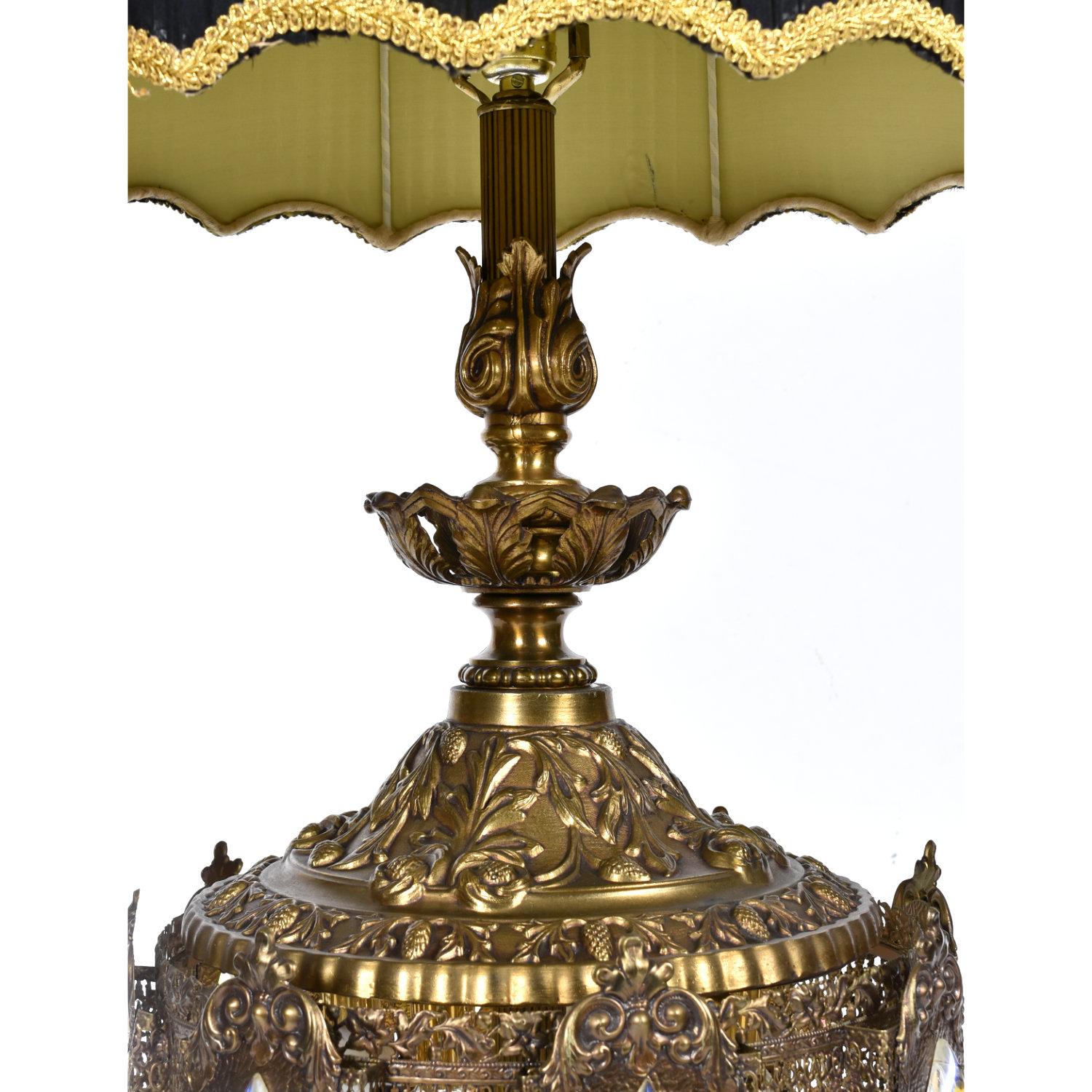 Brutalist Pair of Loevsky and Loevsky Embossed Brass Metal Jeweled Hollywood Regency Lamps