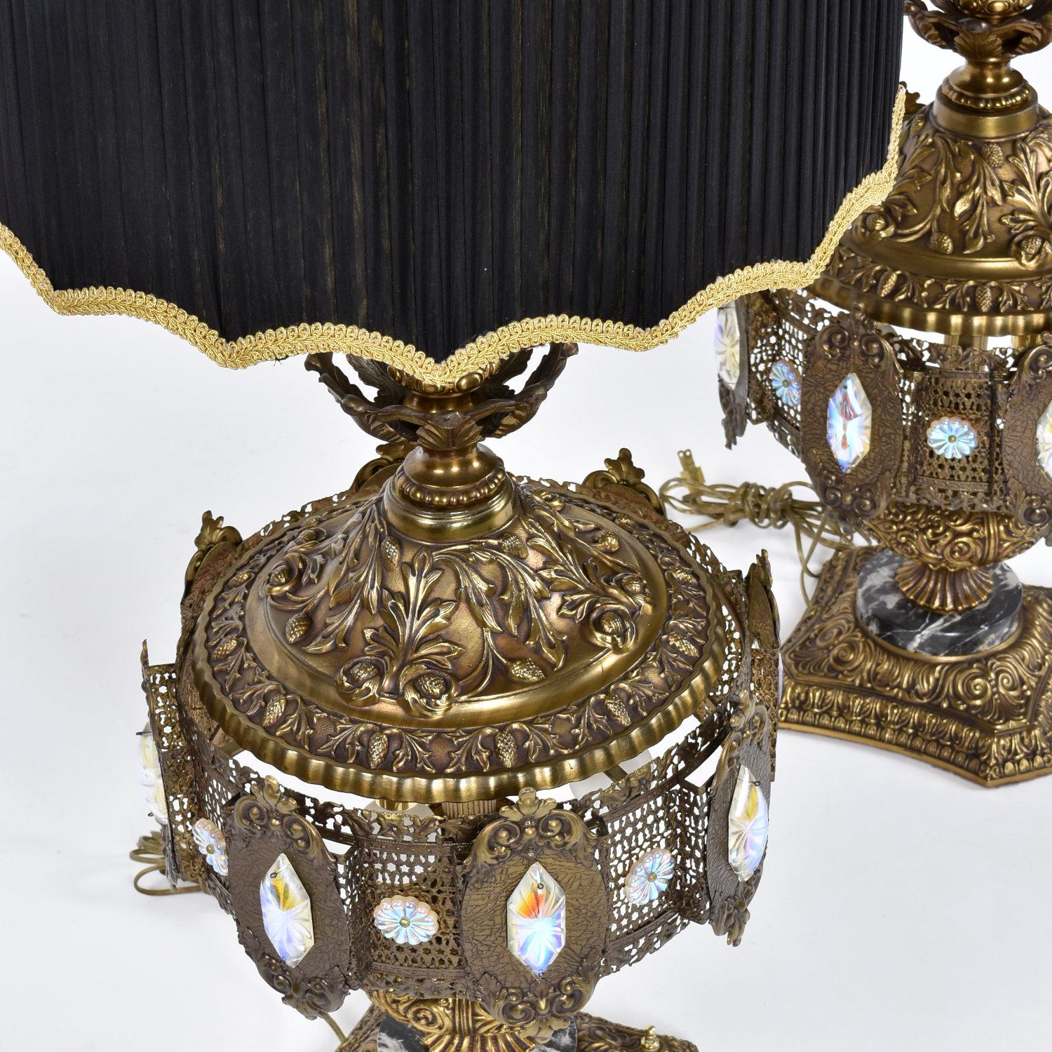 American Pair of Loevsky and Loevsky Embossed Brass Metal Jeweled Hollywood Regency Lamps