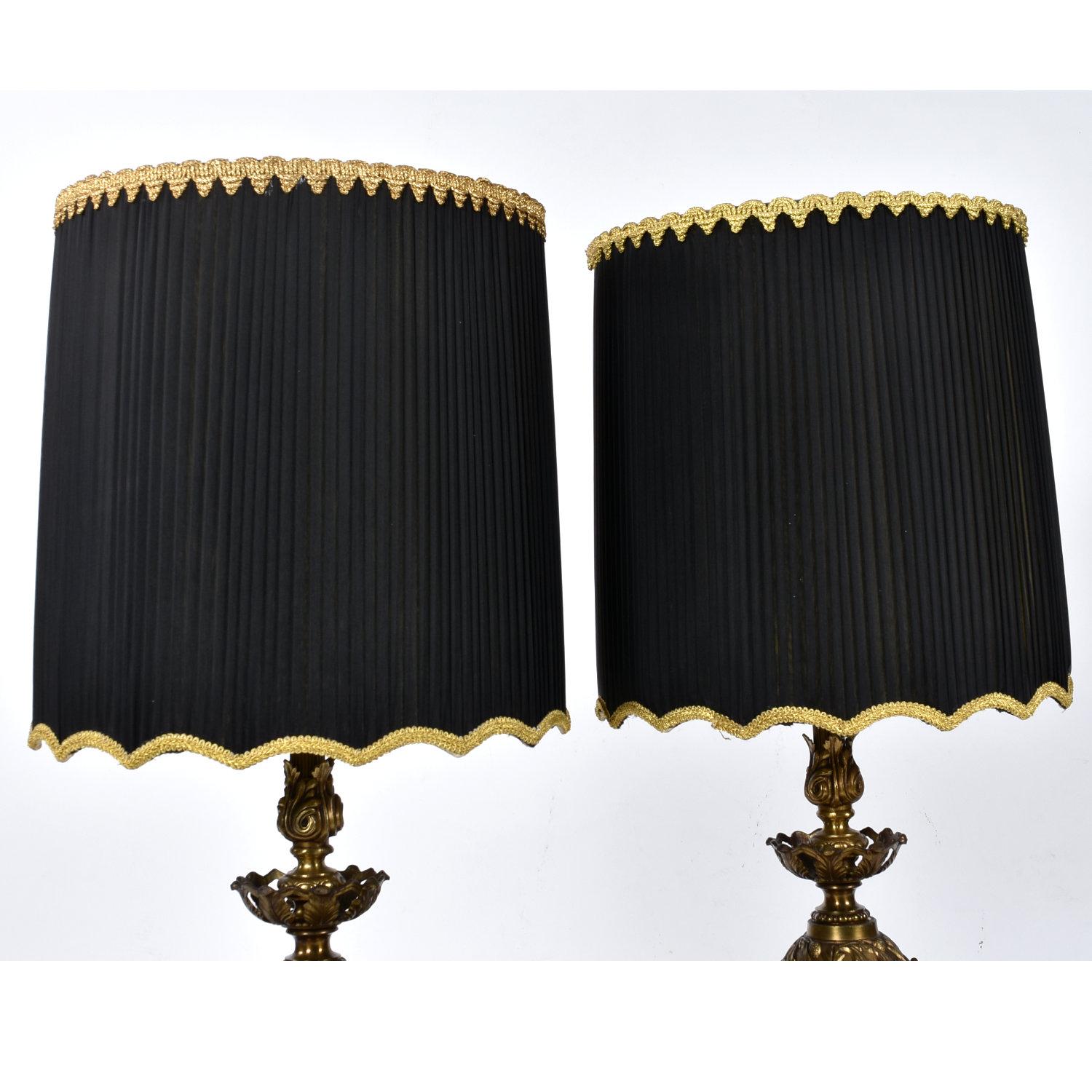 Mid-20th Century Pair of Loevsky and Loevsky Embossed Brass Metal Jeweled Hollywood Regency Lamps