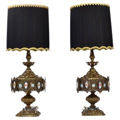 Vintage Pair of Loevsky and Loevsky Embossed Brass Metal Jeweled Hollywood Regency Lamps