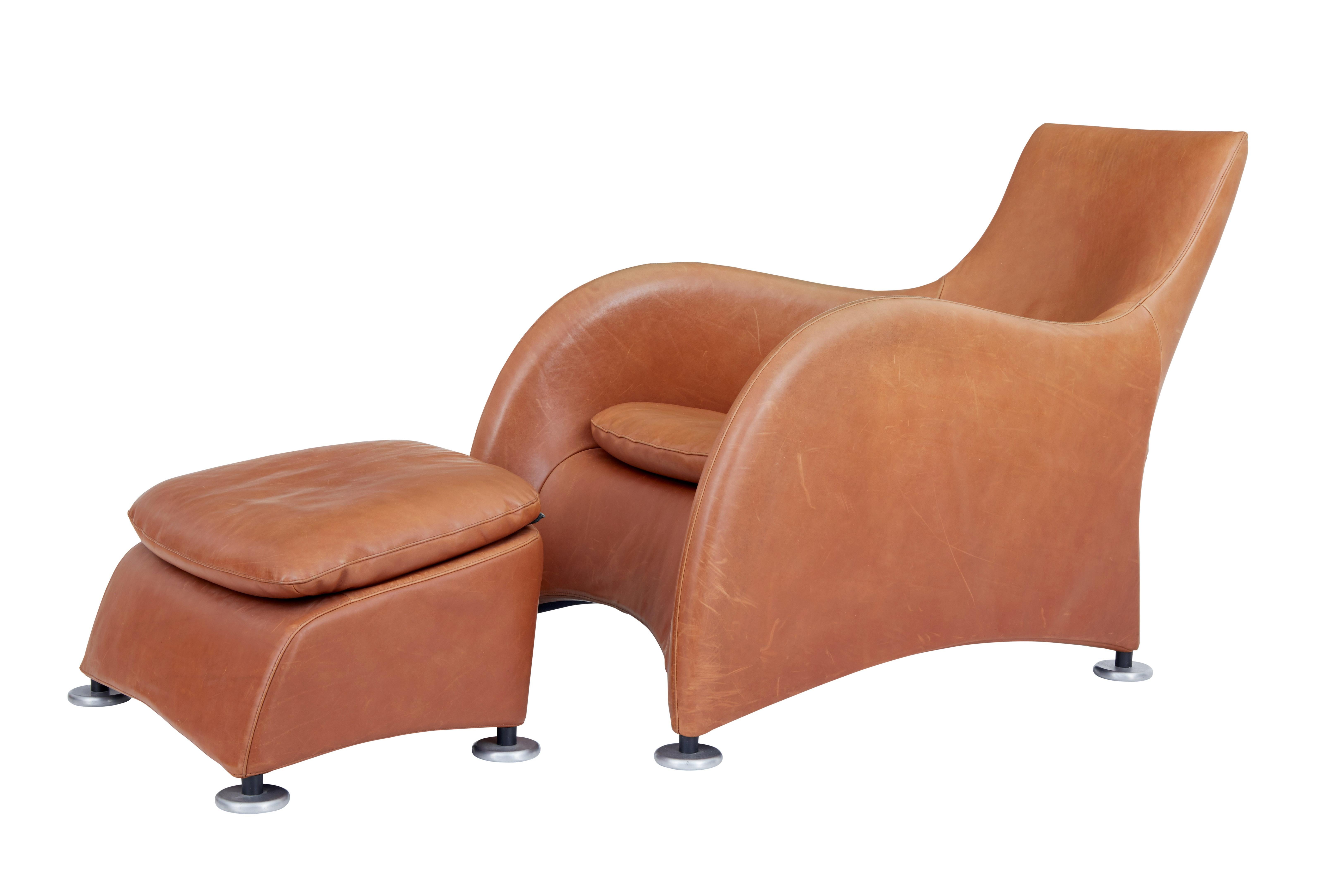 Fine pair of leather chairs and matching stools from the 1980s.

Designed by Dutch designer Gerard van der Berg for Montis. This chair offers to ultimate in relaxation and comfort, masculine in design and ideal for taller people to recline