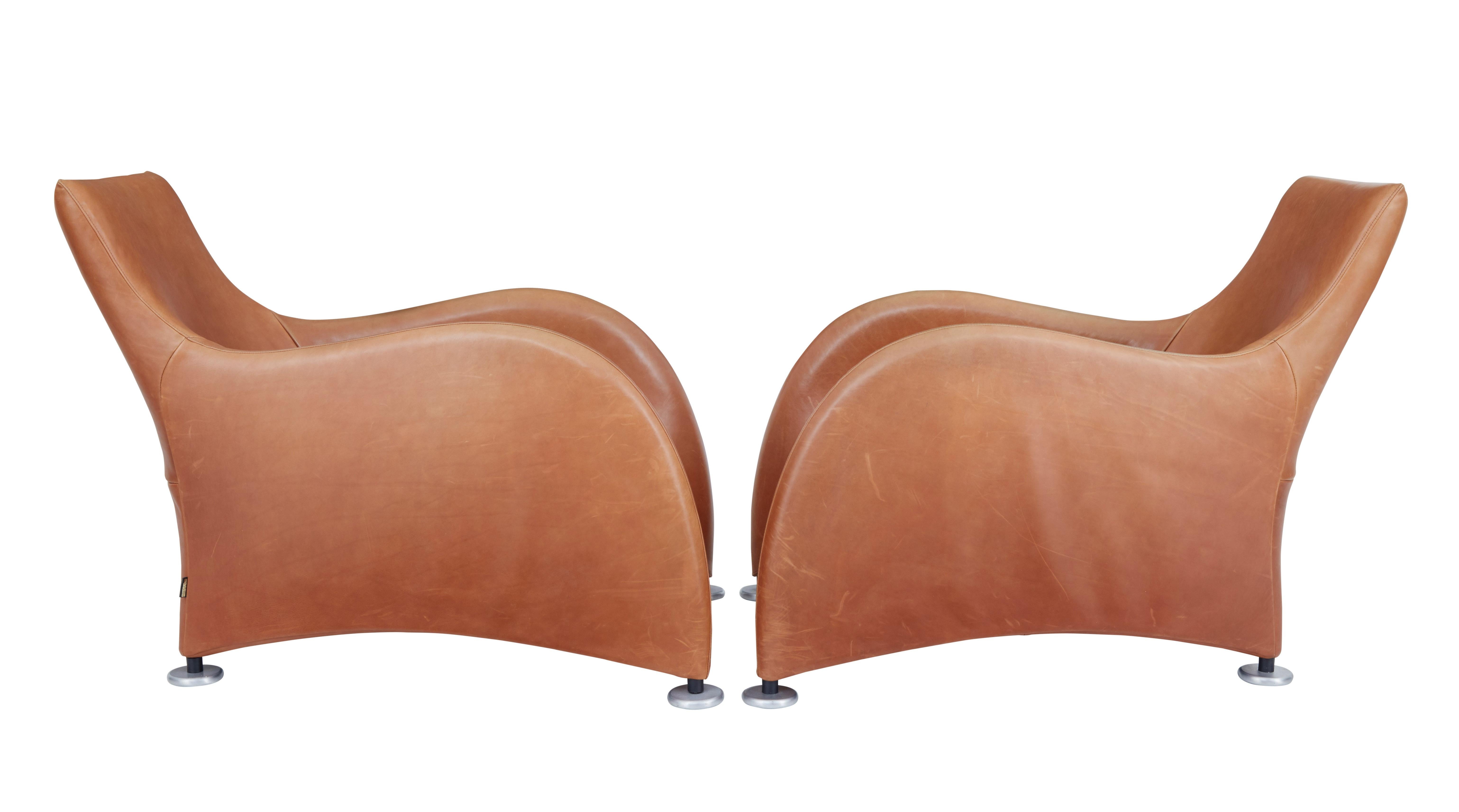 Dutch Pair of Loge Leather Armchairs and Stools by Gerard Van Der Berg