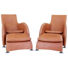 Vintage Pair of Loge Leather Armchairs and Stools by Gerard Van Der Berg