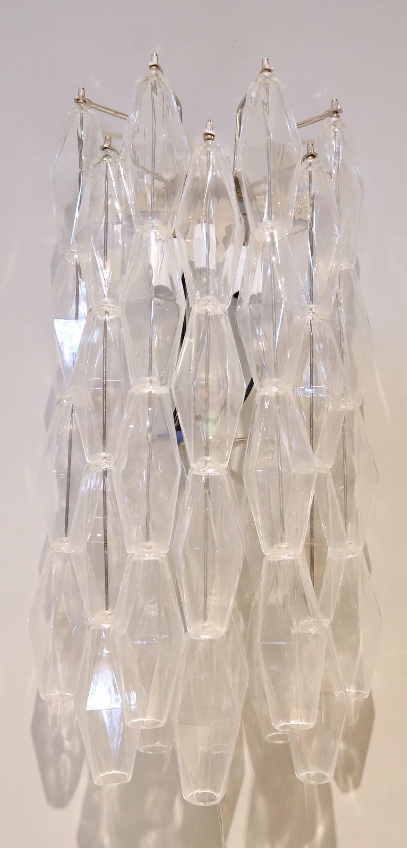 Pair of 1970s long sconces in the style of Venini with clear polyhedron murano glass.