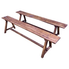 Pair of Long 19th Century French Oak Benches with Chamfered Detailing