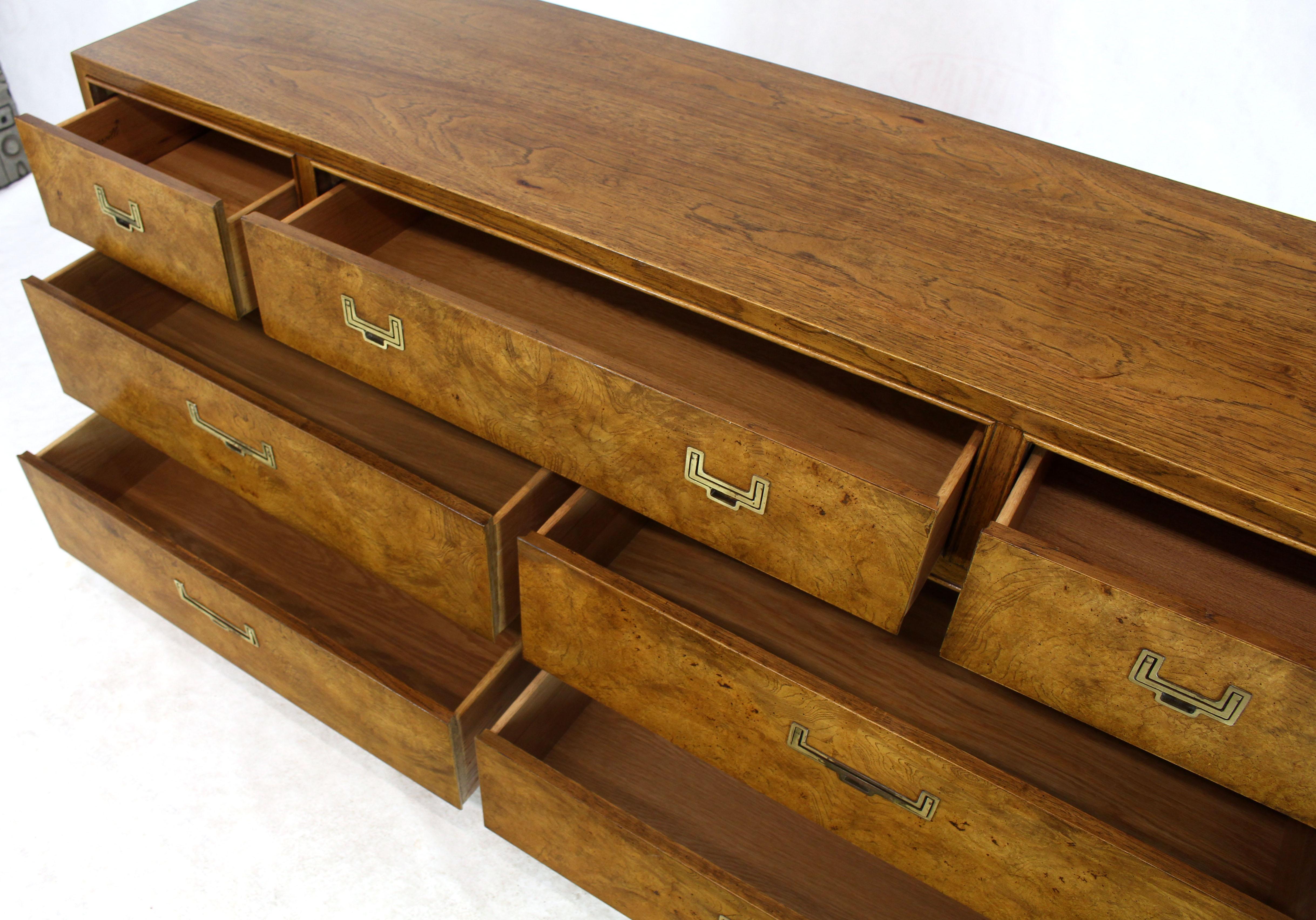 Pair or Mid-Century Modern Campaign burl wood dressers credenzas by Thomasville. Solid brass pulls.