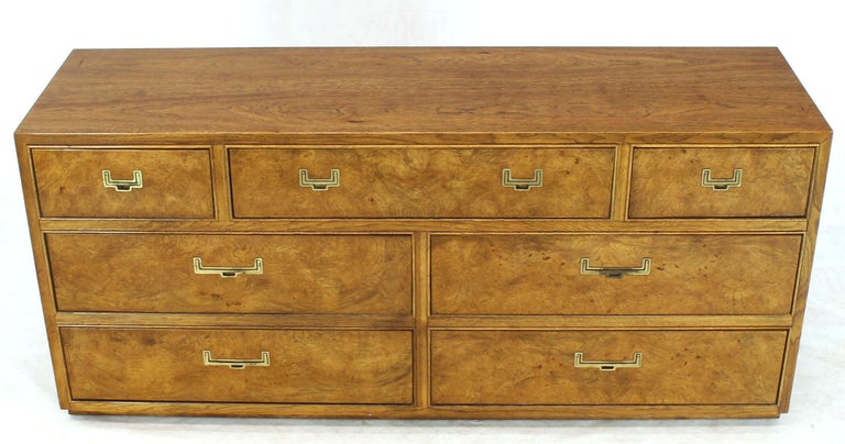 Pair Of Long Campaign Dressers In Light Burl Wood Walnut Finish