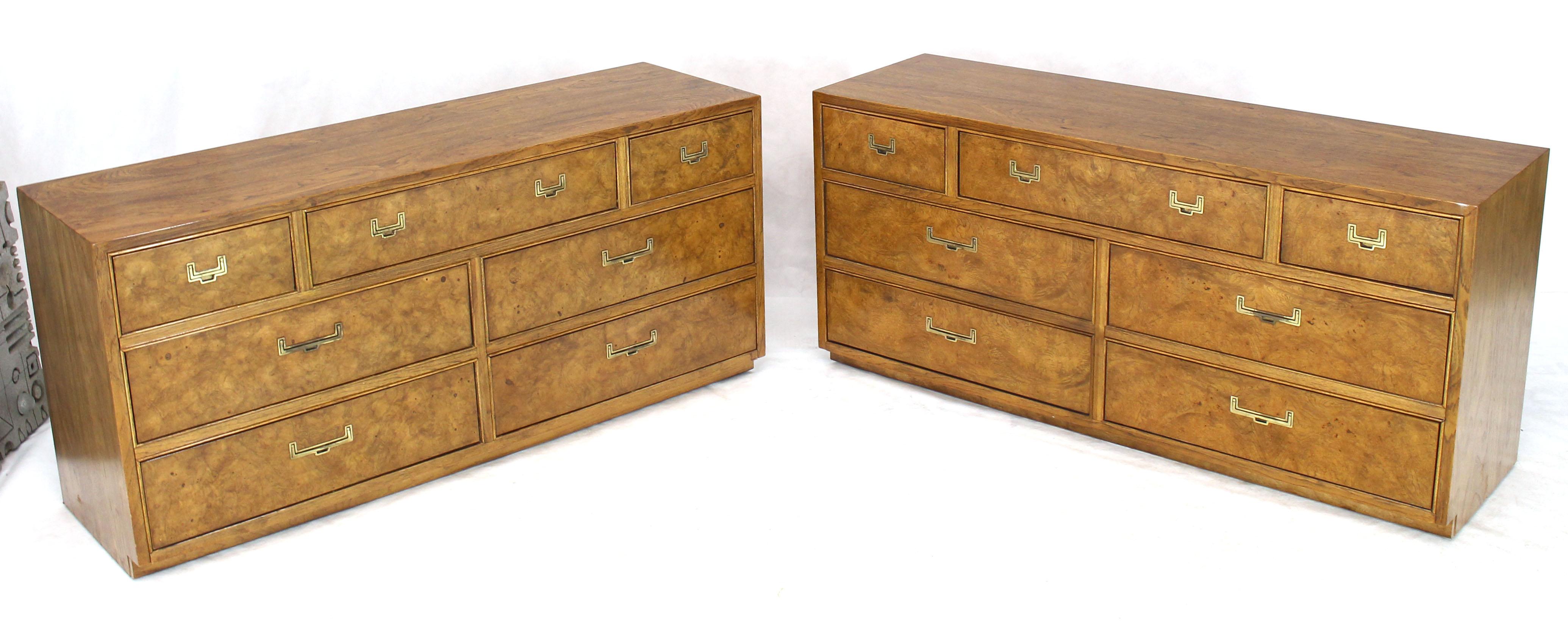 Mid-Century Modern Pair of Long Campaign Dressers in Light Burl Wood Walnut Finish