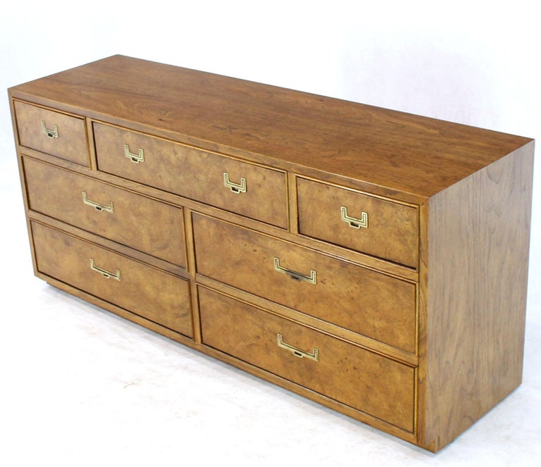 Pair Of Long Campaign Dressers In Light Burl Wood Walnut Finish