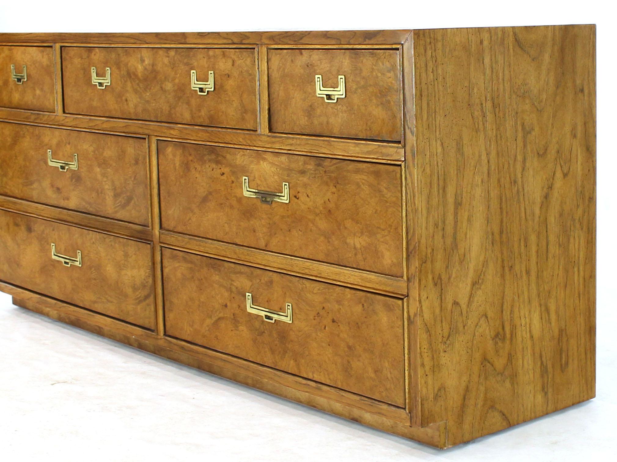 Pair of Long Campaign Dressers in Light Burl Wood Walnut Finish In Good Condition In Rockaway, NJ