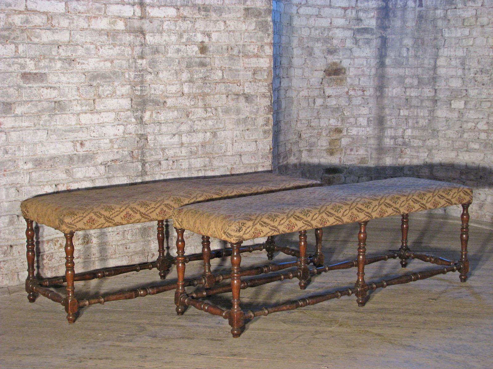Baroque Pair of Long French Early 18th Century Upholstered Walnut Benches For Sale