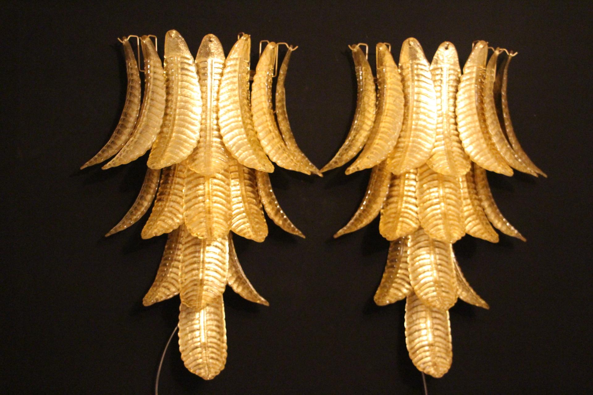 Pair of Long Golden Murano Glass Sconces in Palm Tree Shape , Long Wall Lights For Sale 2