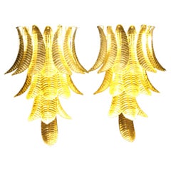 Pair of Long Golden Murano Glass Sconces in Palm Tree Shape , Long Wall Lights