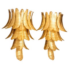 Pair of Long Golden Murano Glass Sconces in Palm Tree Shape , Long Wall Lights