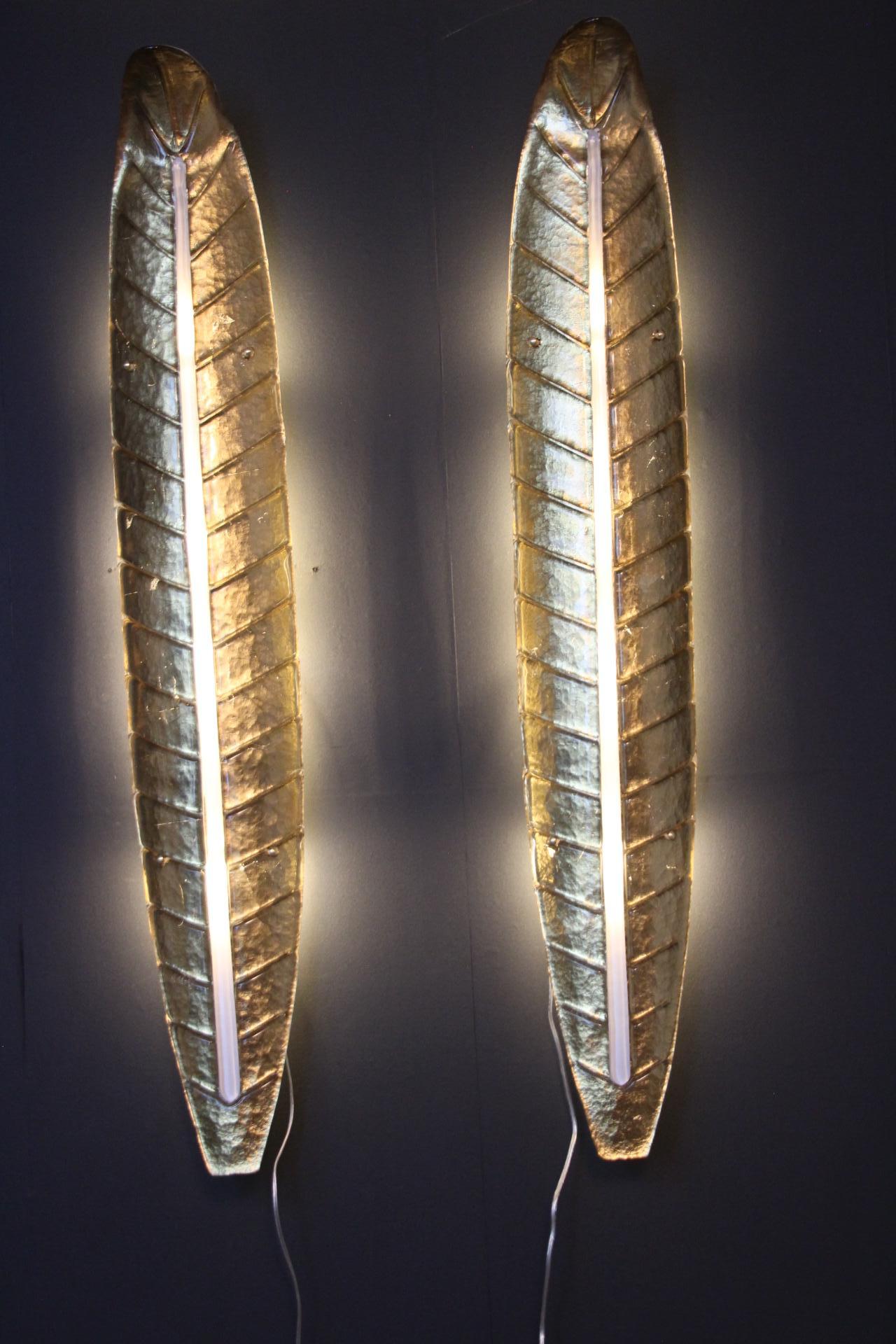 Pair of Long Golden Murano Glass Sconces, Leaf Shape Wall Lights, Barovier Style For Sale 5
