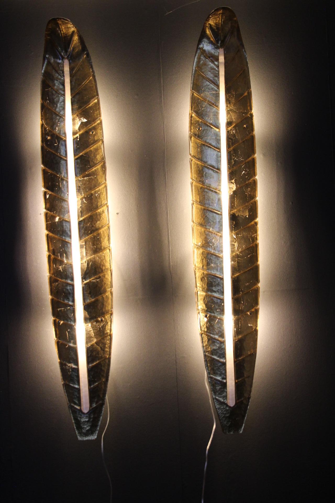 Pair of Long Golden Murano Glass Sconces, Leaf Shape Wall Lights, Barovier Style For Sale 6