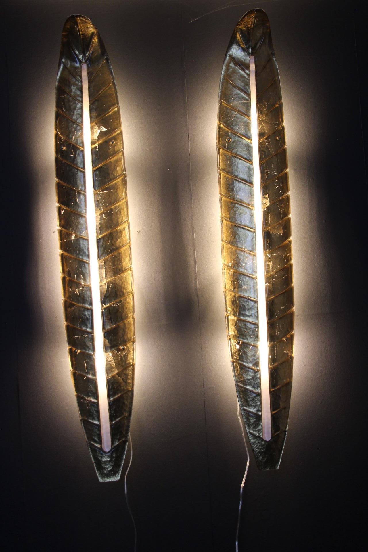 Pair of Long Golden Murano Glass Sconces, Leaf Shape Wall Lights, Barovier Style For Sale 10