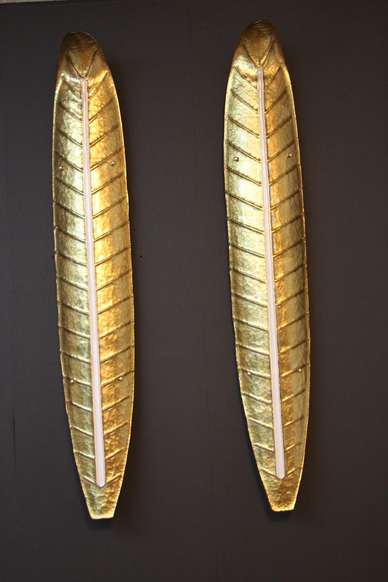 Art Deco Pair of Long Golden Murano Glass Sconces, Leaf Shape Wall Lights, Barovier Style For Sale