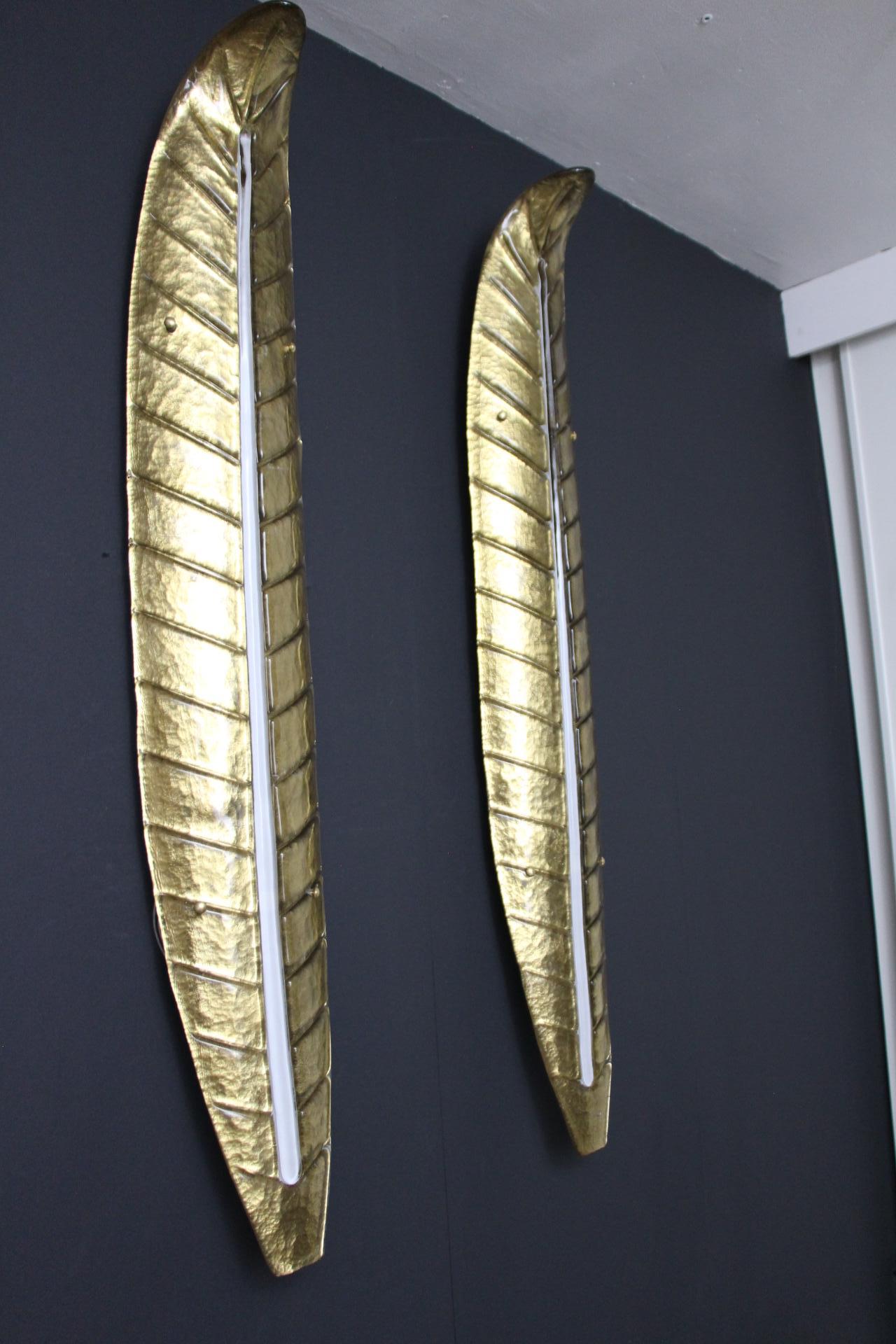 Brass Pair of Long Golden Murano Glass Sconces, Leaf Shape Wall Lights, Barovier Style For Sale