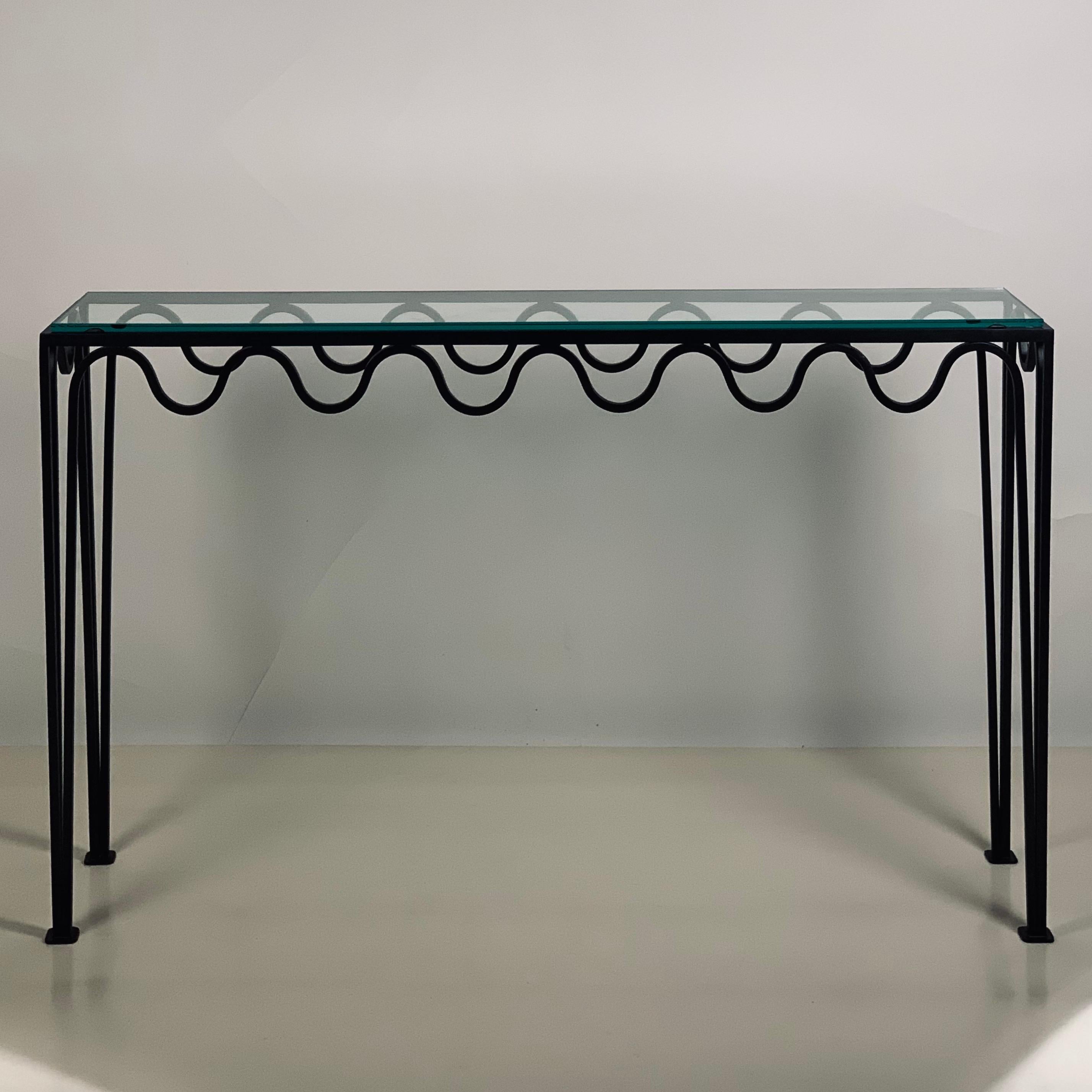 Modern Pair of Long 'Méandre' Wrought Iron and Glass Consoles by Design Frères For Sale
