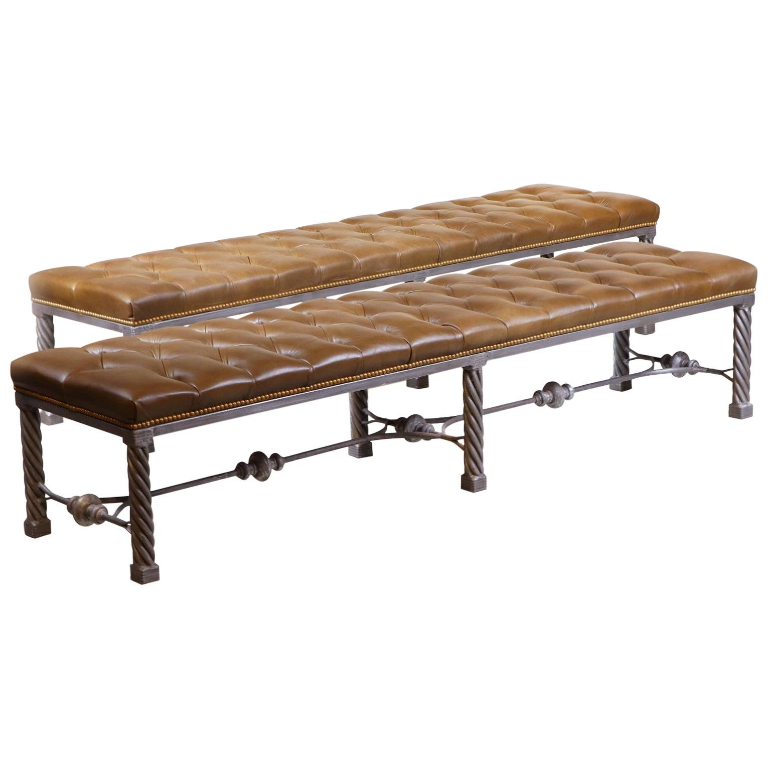 Pair of Long Modern Tufted Leather Benches For Sale
