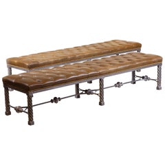 Retro Pair of Long Modern Tufted Leather Benches