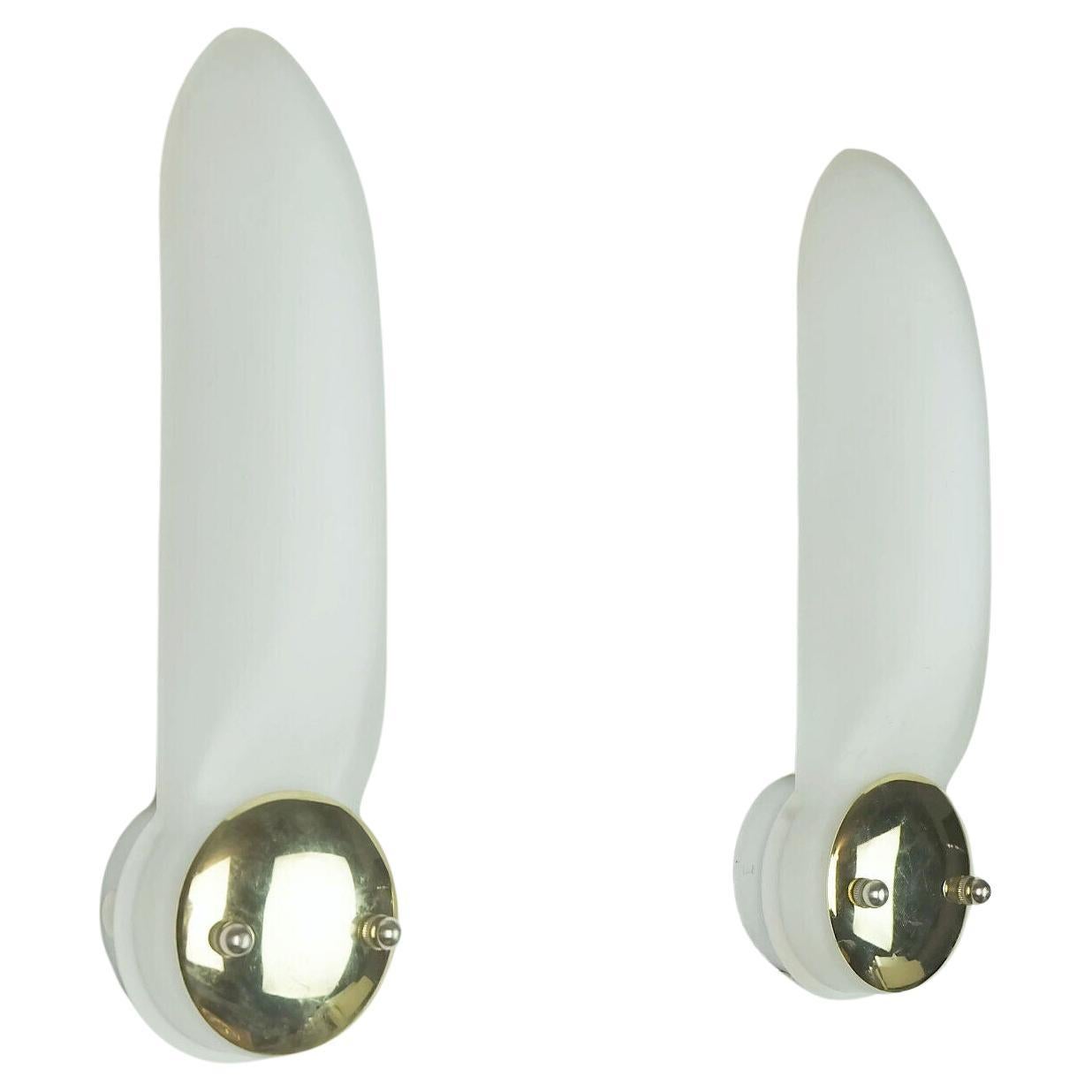 pair of long narrow honsel 1990s SCONCES white glass satin glass and brass For Sale