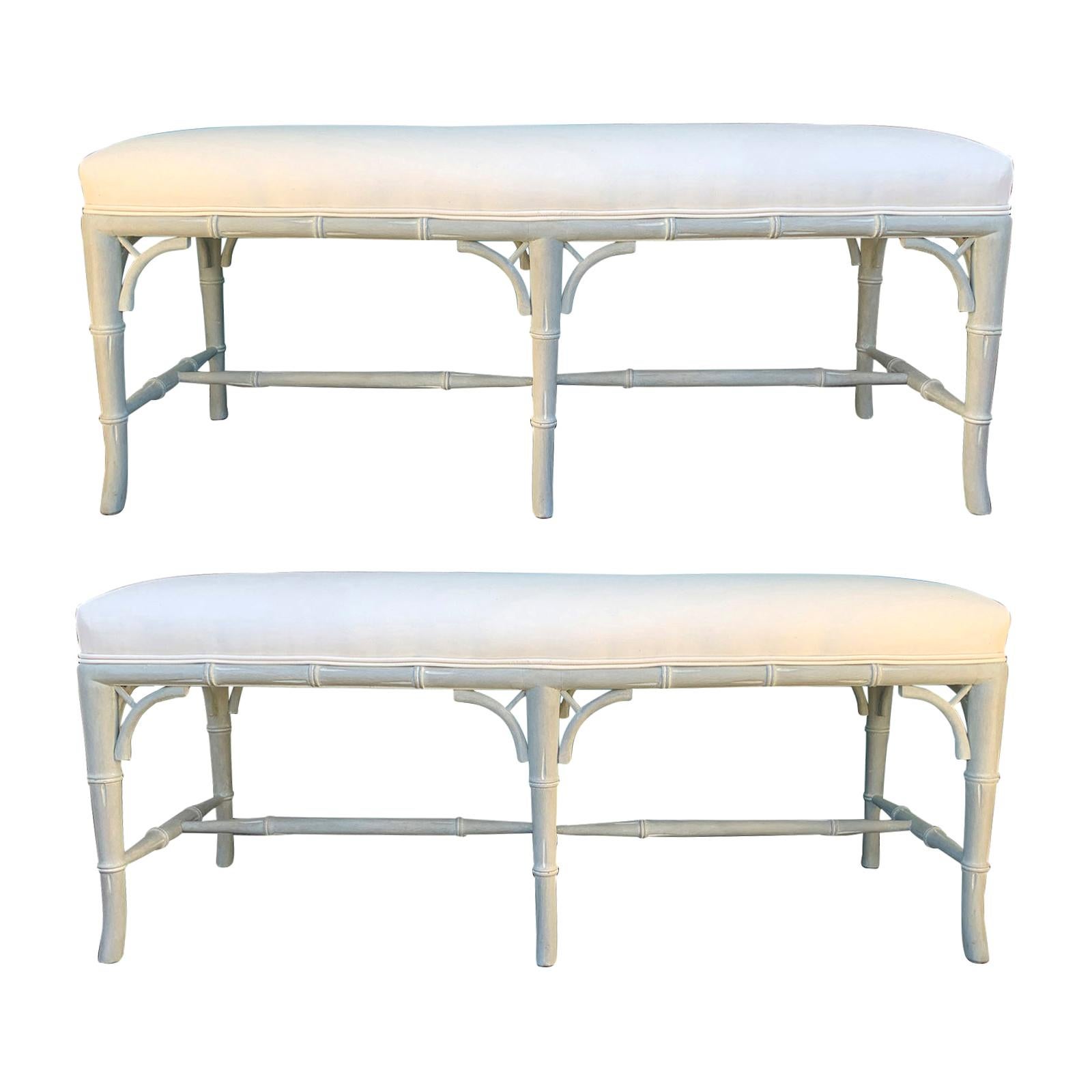 Pair of Long Regency Style Faux Bamboo Benches, Custom Finish, circa 1970s