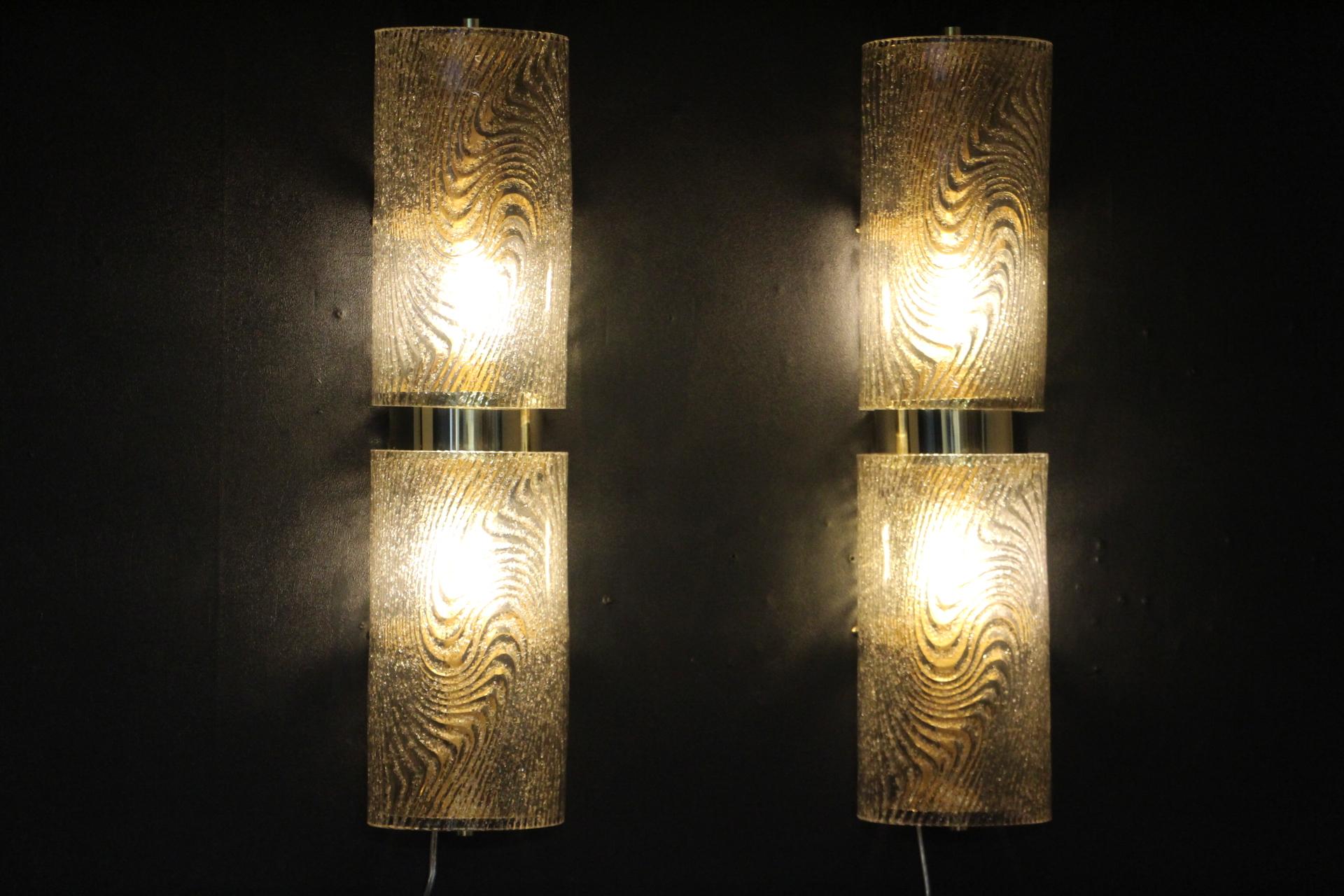 Pair of Long Smoked Frosted Murano Glass Sconces, Cylinder Shape Wall Lights For Sale 3