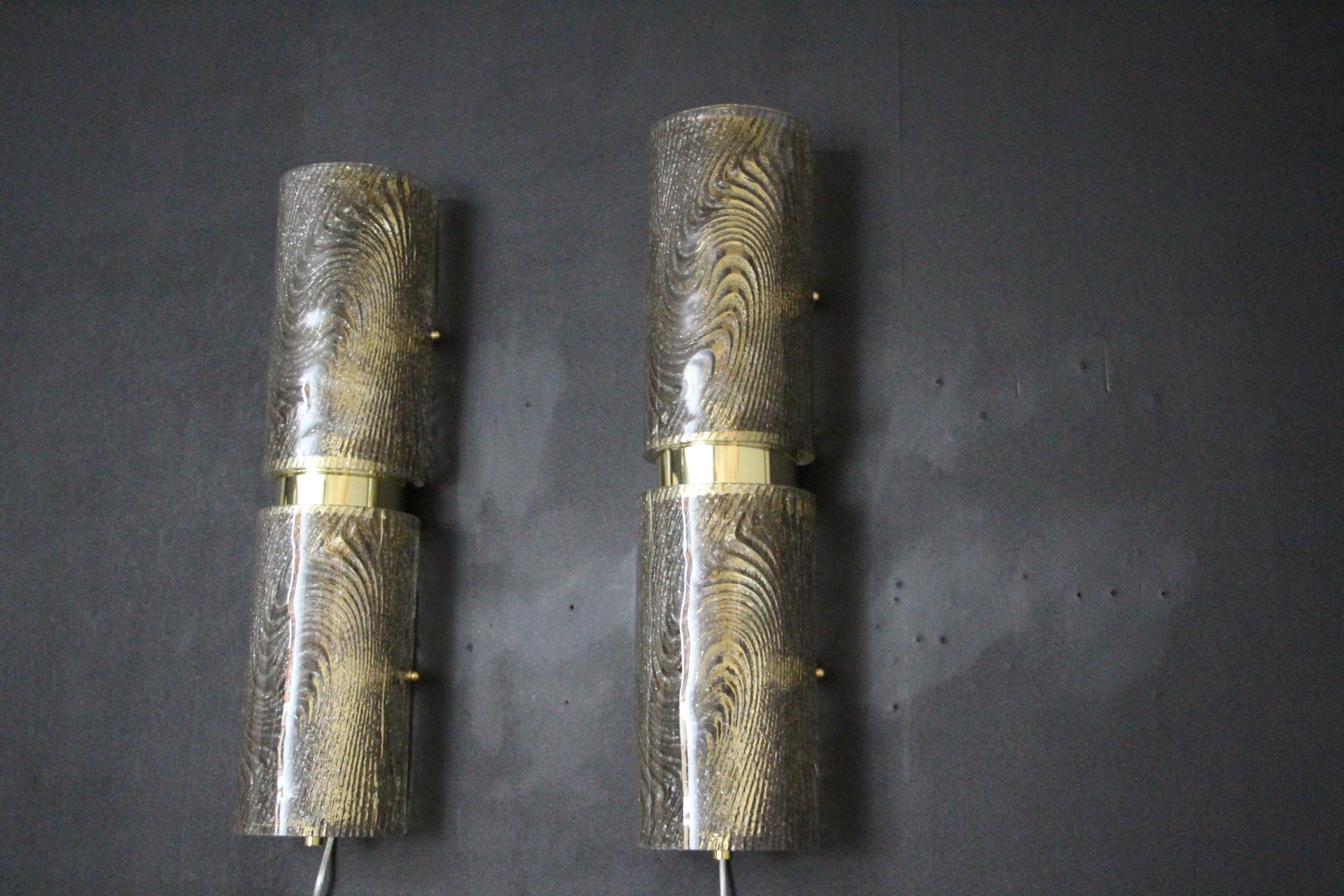 Pair of Long Smoked Frosted Murano Glass Sconces, Cylinder Shape Wall Lights For Sale 11