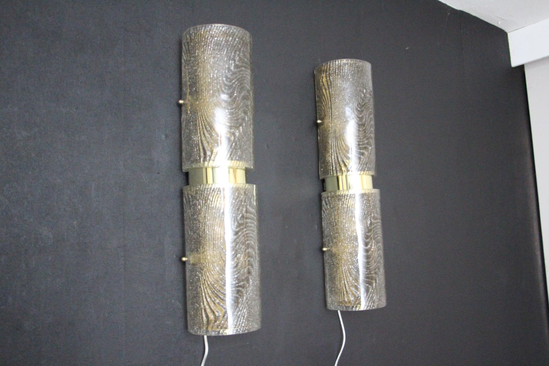Mid-Century Modern Pair of Long Smoked Frosted Murano Glass Sconces, Cylinder Shape Wall Lights For Sale