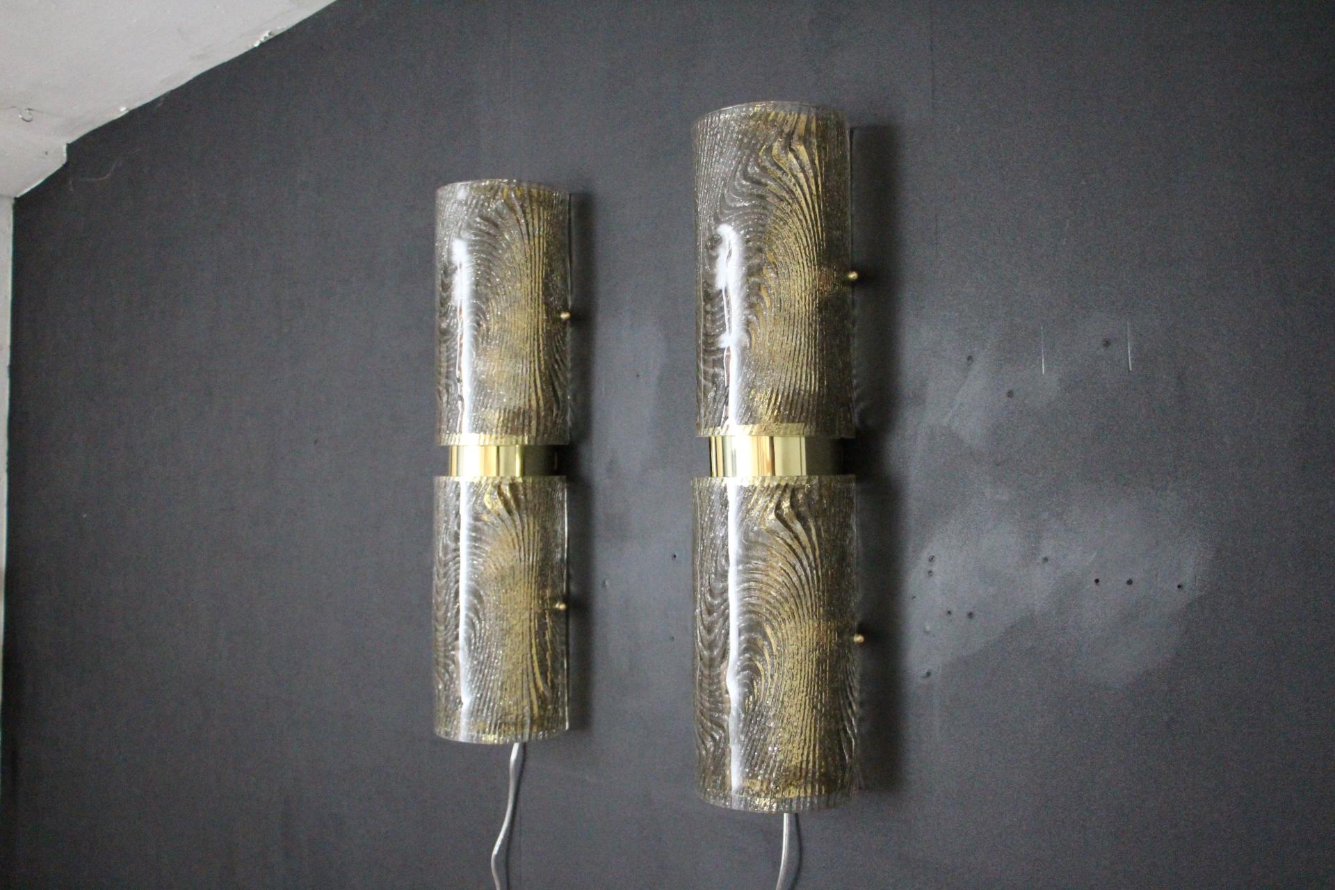 Italian Pair of Long Smoked Frosted Murano Glass Sconces, Cylinder Shape Wall Lights For Sale