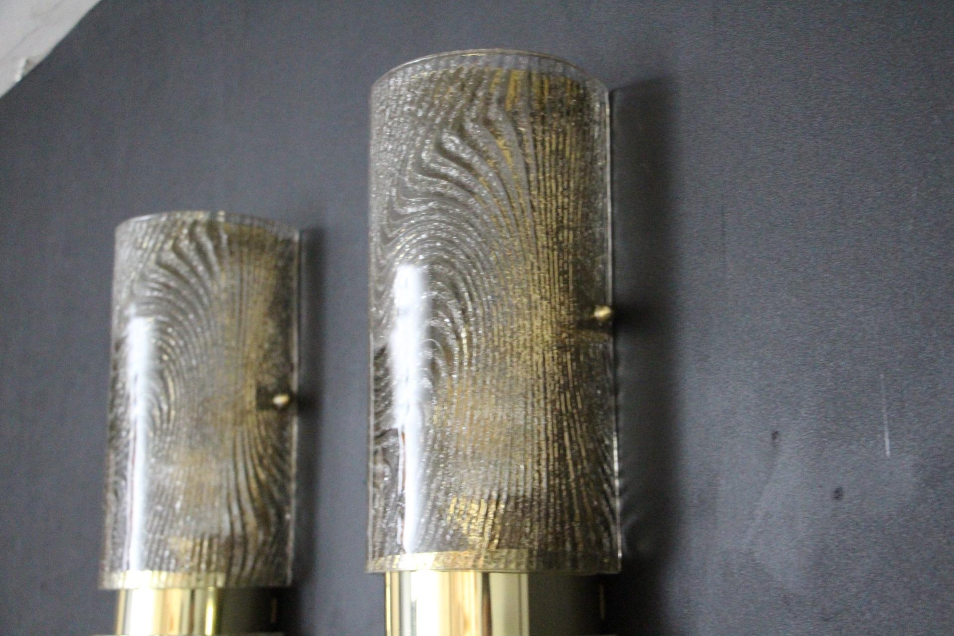 Pair of Long Smoked Frosted Murano Glass Sconces, Cylinder Shape Wall Lights In Excellent Condition For Sale In Saint-Ouen, FR