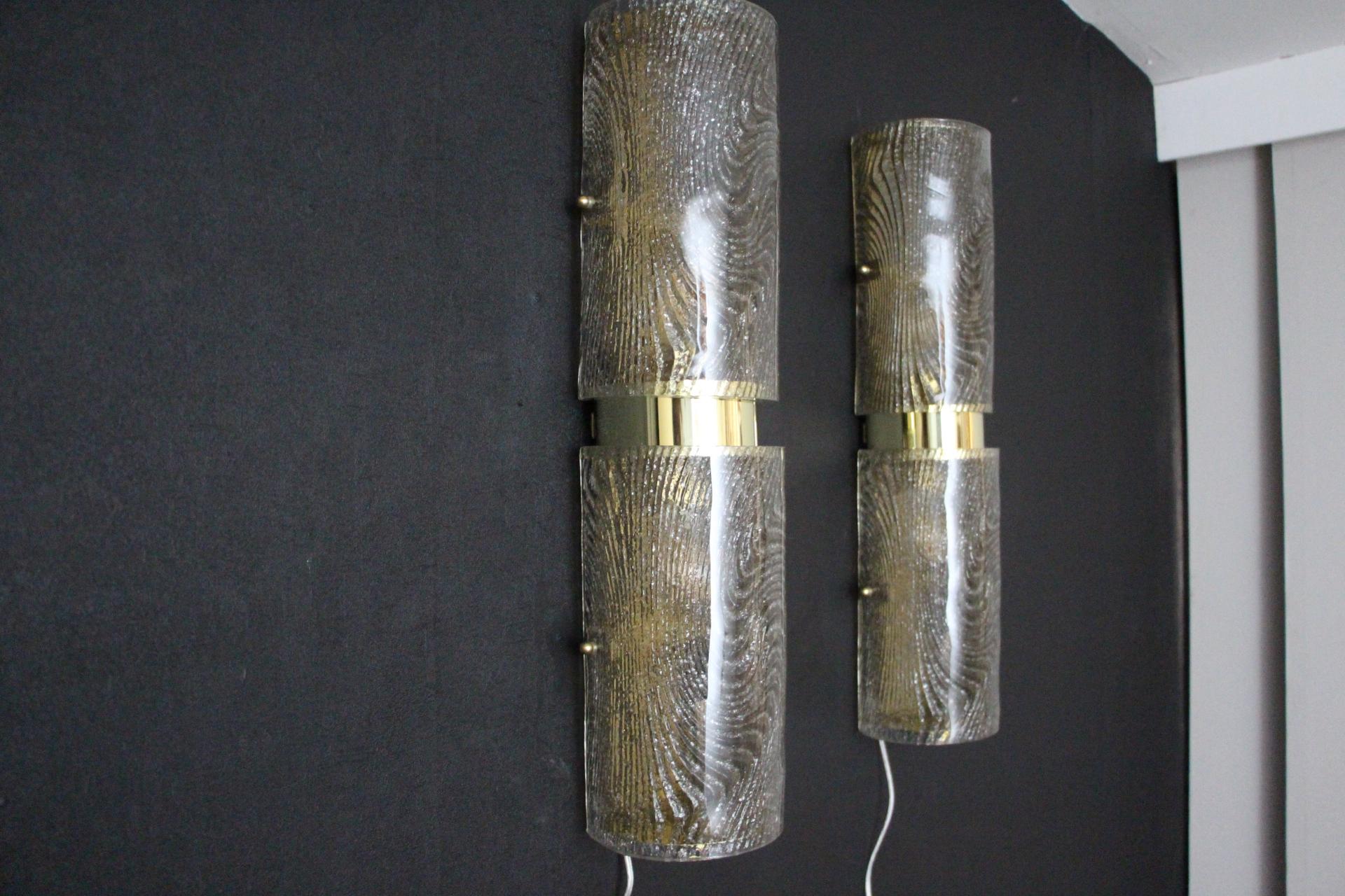 Pair of Long Smoked Frosted Murano Glass Sconces, Cylinder Shape Wall Lights For Sale 2