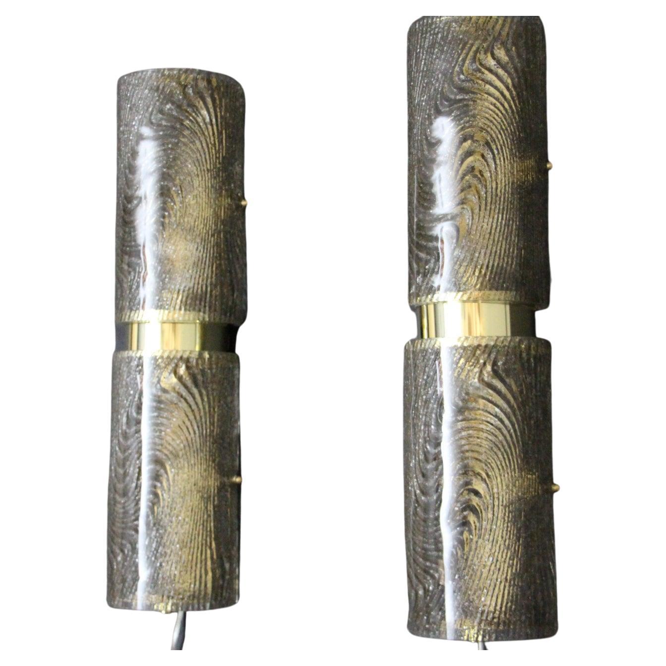 Pair of Long Smoked Frosted Murano Glass Sconces, Cylinder Shape Wall Lights For Sale