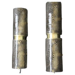 Pair of Long Smoked Frosted Murano Glass Sconces, Cylinder Shape Wall Lights