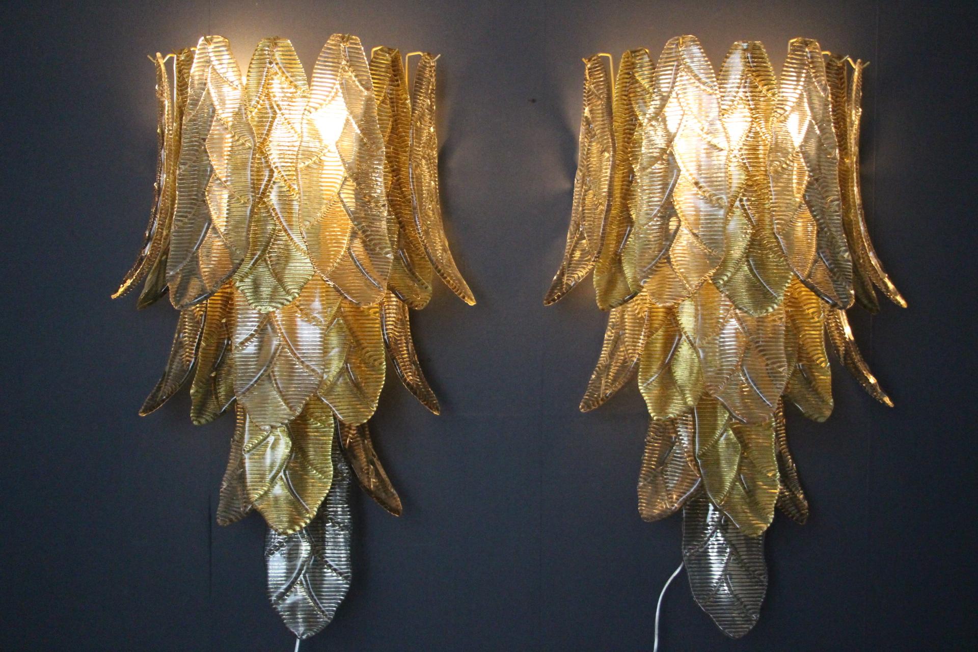 Pair of Long Textured Golden and Smoked Murano Glass Sconces in Palm Tree Shape  For Sale 4