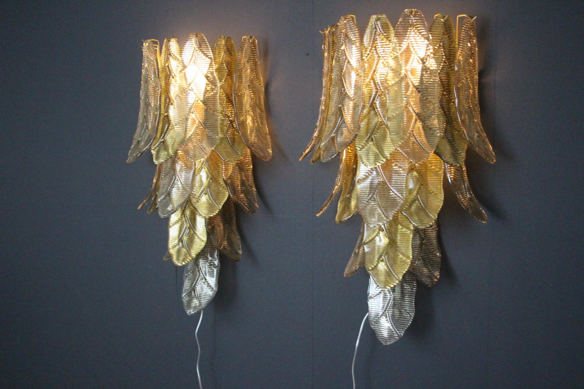 Pair of Long Textured Golden and Smoked Murano Glass Sconces in Palm Tree Shape  For Sale 6