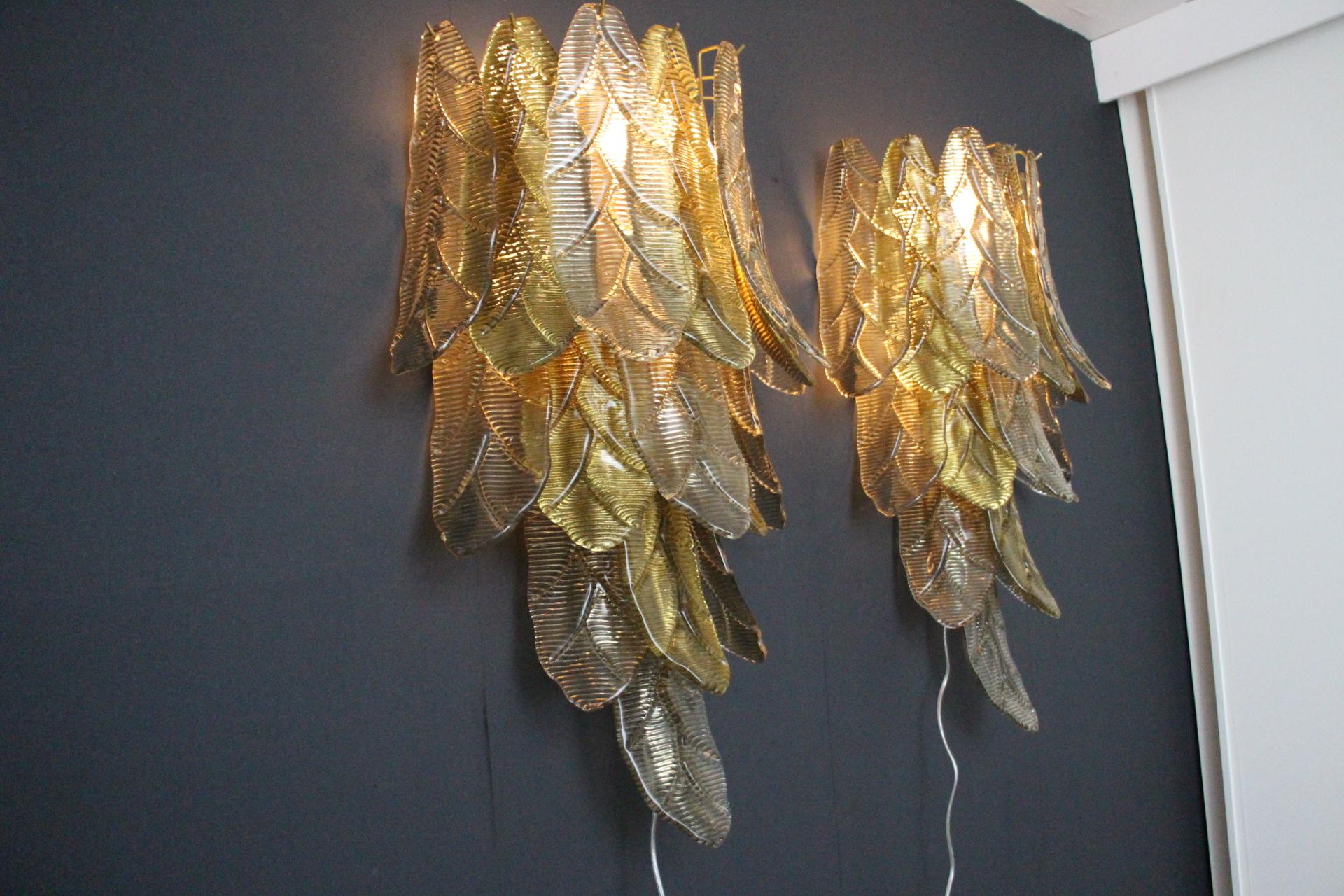 Pair of Long Textured Golden and Smoked Murano Glass Sconces in Palm Tree Shape  For Sale 8