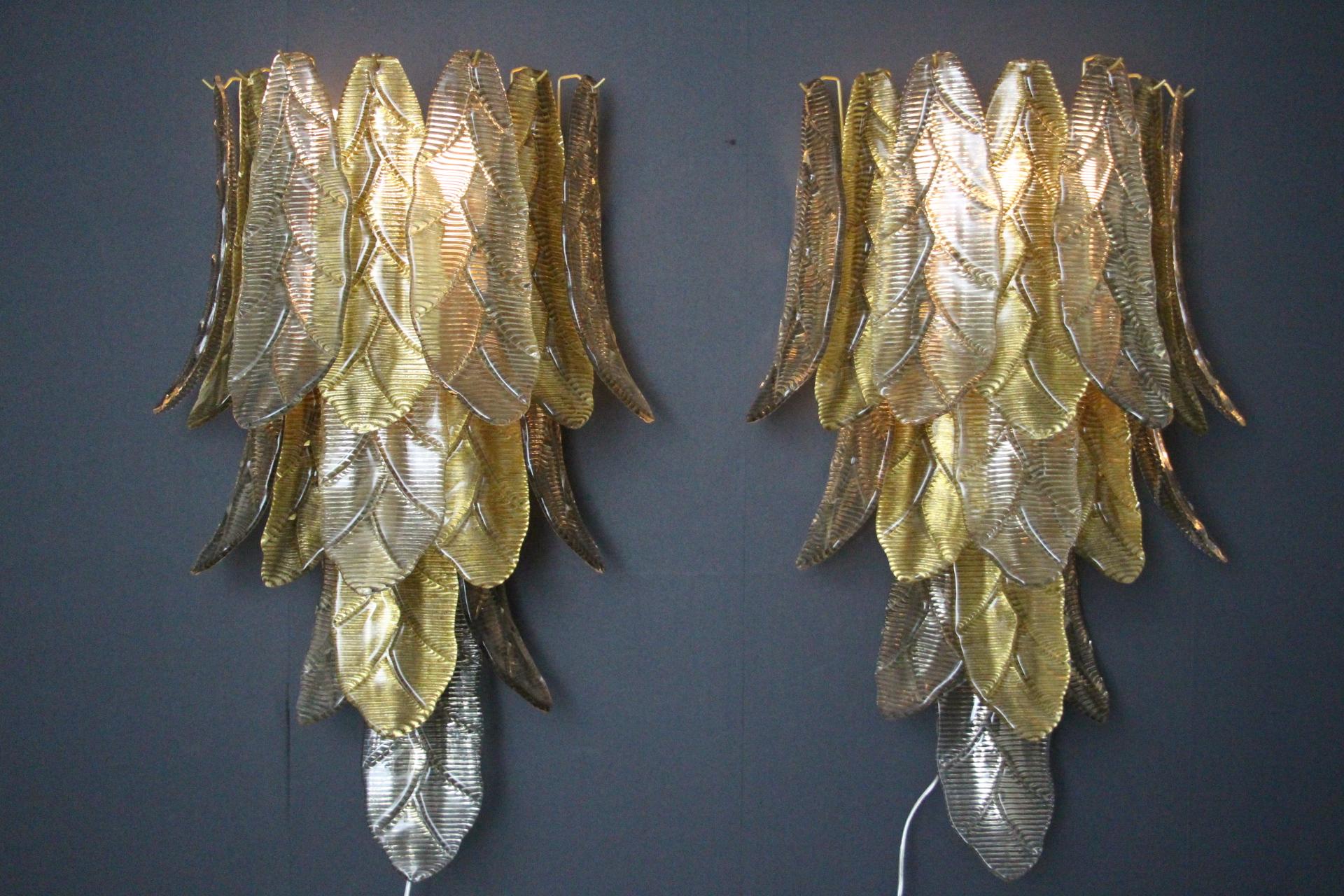 Pair of Long Textured Golden and Smoked Murano Glass Sconces in Palm Tree Shape  For Sale 11