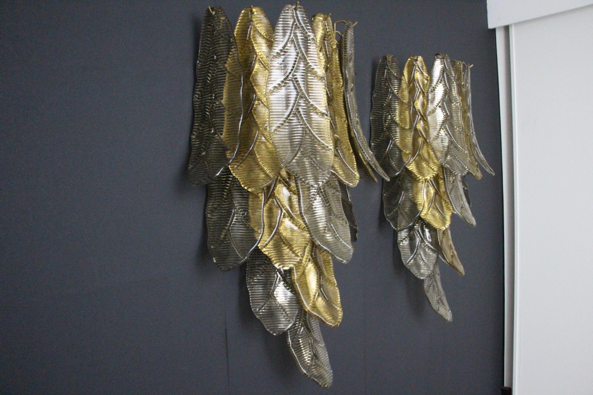 Italian Pair of Long Textured Golden and Smoked Murano Glass Sconces in Palm Tree Shape  For Sale