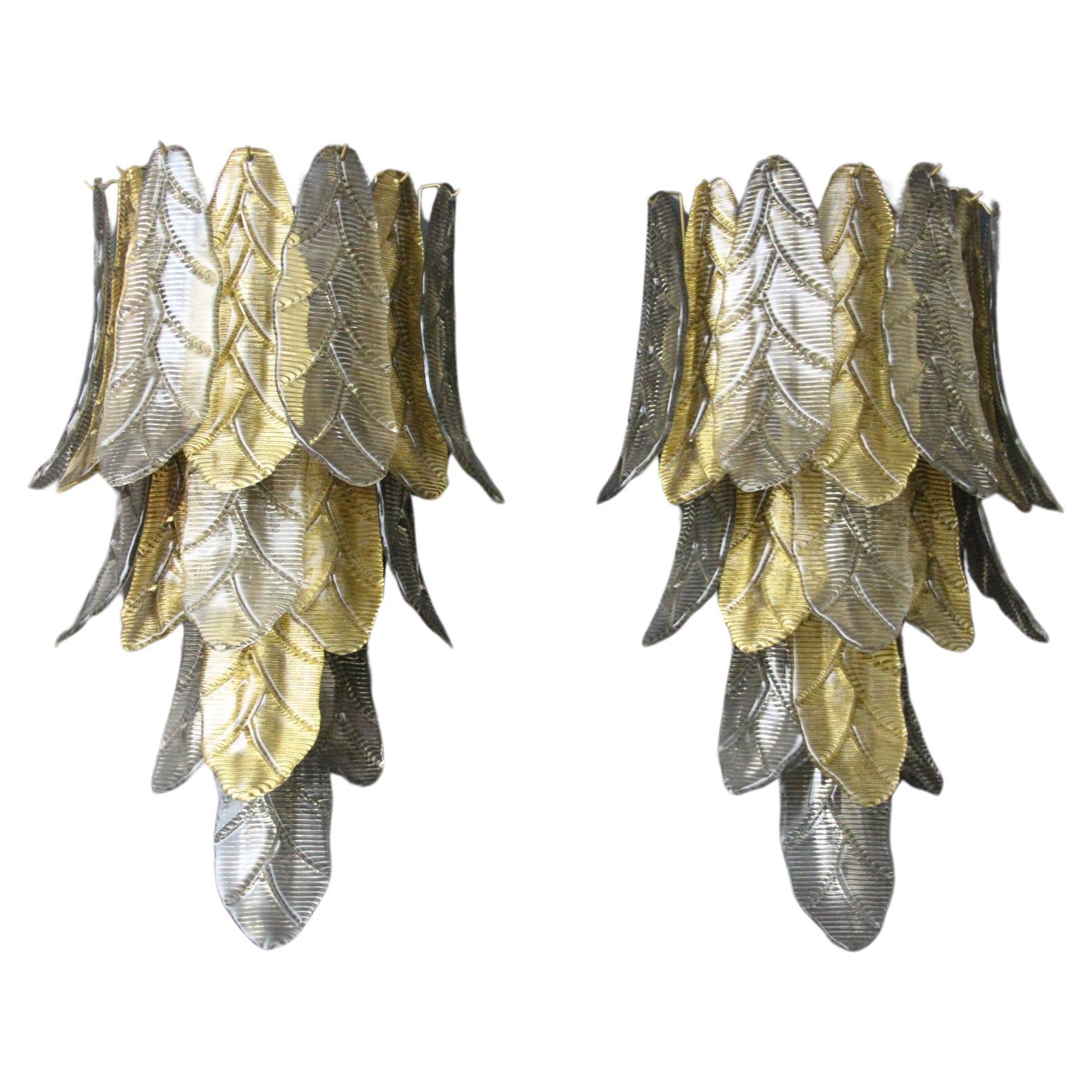 Pair of Long Textured Golden and Smoked Murano Glass Sconces in Palm Tree Shape